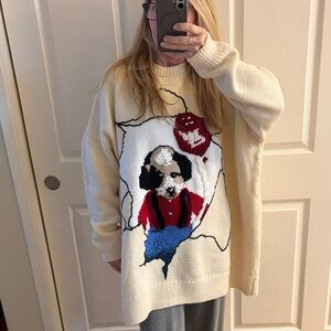 Loewe Cream Knit Sweater with Dog Graphic in Red, Blue and Black